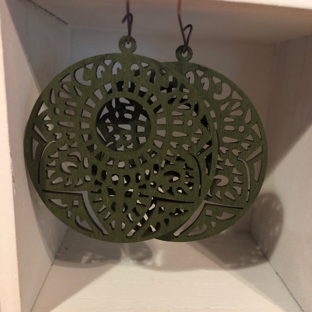 Green painted wooden earrings